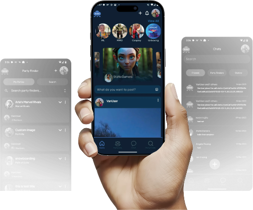 StaticGamers party finder, home feed, and chat shown across mobile screens